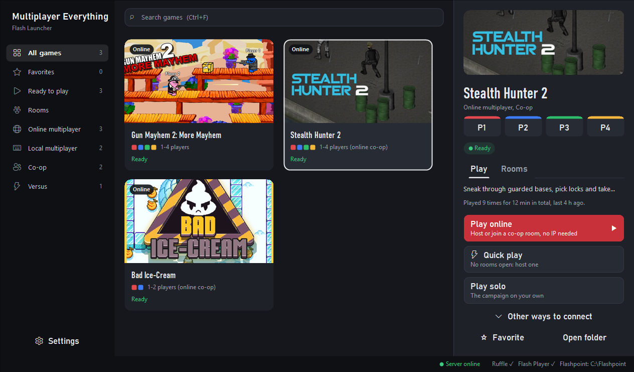 The launcher's library with three games. Stealth Hunter 2 is selected, with its four player slots and the red Play online button.